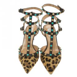 Pre Owned  Valentino Leopard Print Calf Hair Rolling Rockstud Sandals Size 39