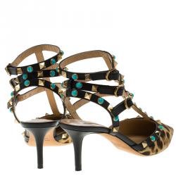 Pre Owned  Valentino Leopard Print Calf Hair Rolling Rockstud Sandals Size 39