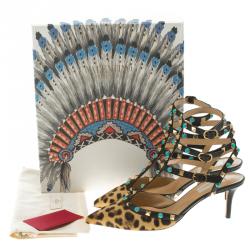 Pre Owned  Valentino Leopard Print Calf Hair Rolling Rockstud Sandals Size 39