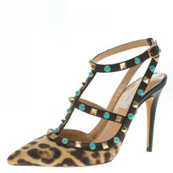 Pre Owned Valentino Leopard Print Calf Hair Rolling Rockstud Sandals Size 37