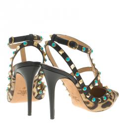 Pre Owned Valentino Leopard Print Calf Hair Rolling Rockstud Sandals Size 37
