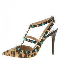 Pre Owned Valentino Leopard Print Calf Hair Rolling Rockstud Sandals Size 38.5