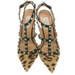Pre Owned Valentino Leopard Print Calf Hair Rolling Rockstud Sandals Size 38.5
