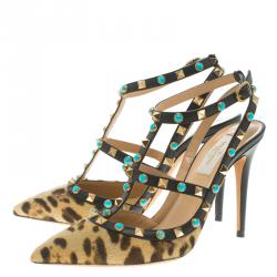 Pre Owned Valentino Leopard Print Calf Hair Rolling Rockstud Sandals Size 38.5