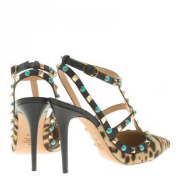 Pre Owned Valentino Leopard Print Calf Hair Rolling Rockstud Sandals Size 38.5