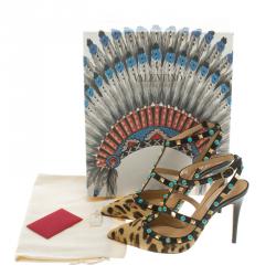 Pre Owned Valentino Leopard Print Calf Hair Rolling Rockstud Sandals Size 38.5