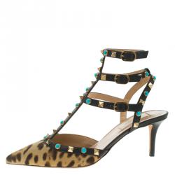 Pre Owned Valentino Leopard Print Calf Hair Rolling Rockstud Sandals Size 38