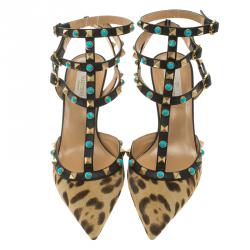 Pre Owned Valentino Leopard Print Calf Hair Rolling Rockstud Sandals Size 38