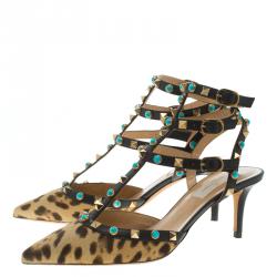 Pre Owned Valentino Leopard Print Calf Hair Rolling Rockstud Sandals Size 38