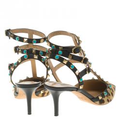 Pre Owned Valentino Leopard Print Calf Hair Rolling Rockstud Sandals Size 38