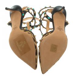 Pre Owned Valentino Leopard Print Calf Hair Rolling Rockstud Sandals Size 38