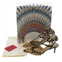 Pre Owned Valentino Leopard Print Calf Hair Rolling Rockstud Sandals Size 38