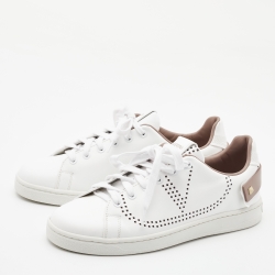 Pre Owned Valentino White/Beige Leather Perforated V Backnet Sneakers Size 37