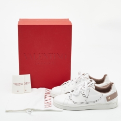 Pre Owned Valentino White/Beige Leather Perforated V Backnet Sneakers Size 37