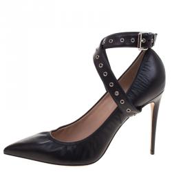 Pre Owned Valentino Black Leather Love Latch Ankle Wrap Pointed Toe Pumps Size 40