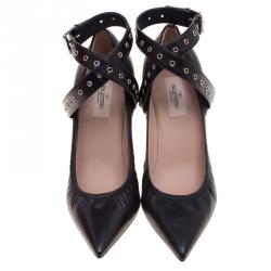 Pre Owned Valentino Black Leather Love Latch Ankle Wrap Pointed Toe Pumps Size 40