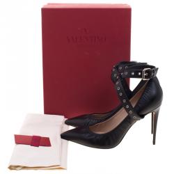 Pre Owned Valentino Black Leather Love Latch Ankle Wrap Pointed Toe Pumps Size 40