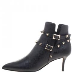 Pre Owned Valentino Black Leather Rockstud Pointed Toe Ankle Boots Size 37