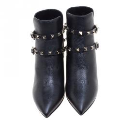 Pre Owned Valentino Black Leather Rockstud Pointed Toe Ankle Boots Size 37