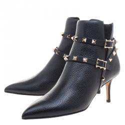 Pre Owned Valentino Black Leather Rockstud Pointed Toe Ankle Boots Size 37