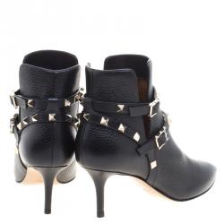 Pre Owned Valentino Black Leather Rockstud Pointed Toe Ankle Boots Size 37