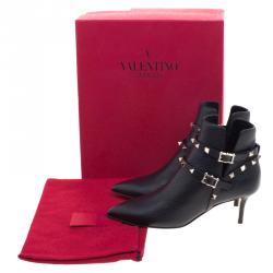 Pre Owned Valentino Black Leather Rockstud Pointed Toe Ankle Boots Size 37