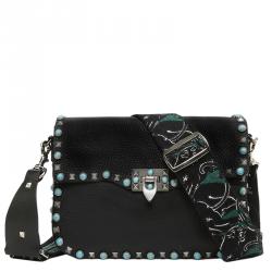 Pre Owned Valentino Emerald/Nero Cotton and Leather Camupanther Embroidery Guitar Rockstud Strap