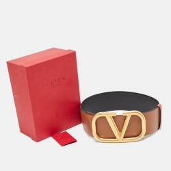 Pre Owned Valentino Brown/Black Leather VLogo Buckle Waist Belt 70 CM