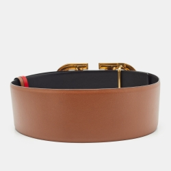 Pre Owned Valentino Brown/Black Leather VLogo Buckle Waist Belt 70 CM