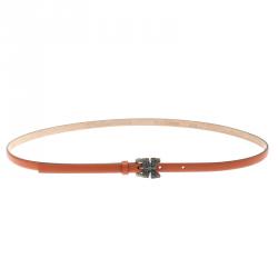 مملوكة مسبقًا Valentino Orange Leather Crystal Embellished Butterfly Skinny Buckle Belt 85 CM