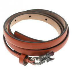 مملوكة مسبقًا Valentino Orange Leather Crystal Embellished Butterfly Skinny Buckle Belt 85 CM