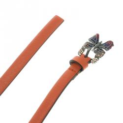 مملوكة مسبقًا Valentino Orange Leather Crystal Embellished Butterfly Skinny Buckle Belt 85 CM