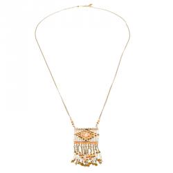 Pre Owned Valentino Multicolor Beaded Geometric Fringe Gold Tone Chain Necklace
