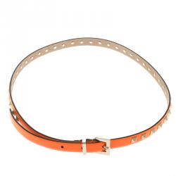 Pre Owned Valentino Neon Orange Leather Studded Skinny Belt 75cm