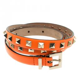 Pre Owned Valentino Neon Orange Leather Studded Skinny Belt 75cm