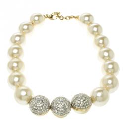 Pre Owned Valentino Giant Faux Pearl Crystal Gold Tone Necklace Earring Set