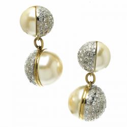 Pre Owned Valentino Giant Faux Pearl Crystal Gold Tone Necklace Earring Set