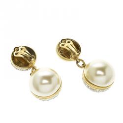 Pre Owned Valentino Giant Faux Pearl Crystal Gold Tone Necklace Earring Set
