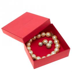 Pre Owned Valentino Giant Faux Pearl Crystal Gold Tone Necklace Earring Set