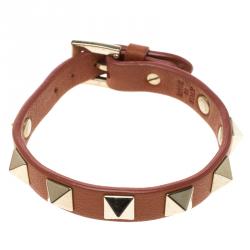 Pre Owned Valentino Rockstud Orange Leather Gold Tone Bracelet