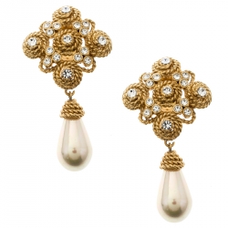 Pre Owned Valentino Crystal Faux Pearl & Textured Gold Tone Clip-on Drop Earrings