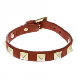 Pre Owned Valentino Rockstud Orange Leather Gold Tone Bracelet