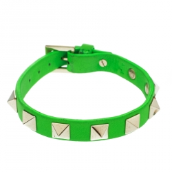 Pre Owned Valentino Rockstud Green Leather Gold Tone Bracelet