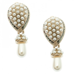 Pre Owned Valentino Faux Pearl Gold Tone Clip-on Drop Earrings