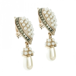 Pre Owned Valentino Faux Pearl Gold Tone Clip-on Drop Earrings