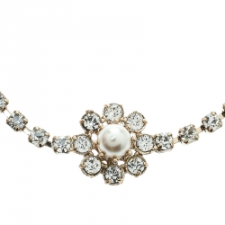 Pre Owned Valentino Faux Pearl Crystal Embellished Gold Tone Flower Bracelet