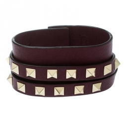 Pre Owned Valentino Rockstud Purple Leather Gold Tone Double Wrap Cuff Bracelet 