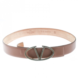 Pre Owned Valentino Pale Pink Leather Embellished Logo Platino Belt 85 CM