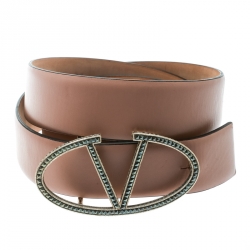 Pre Owned Valentino Pale Pink Leather Embellished Logo Platino Belt 85 CM