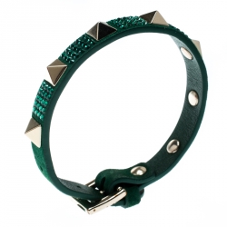 Pre Owned Valentino Emerald Green Suede Crystal Embellished Rockstud Bracelet